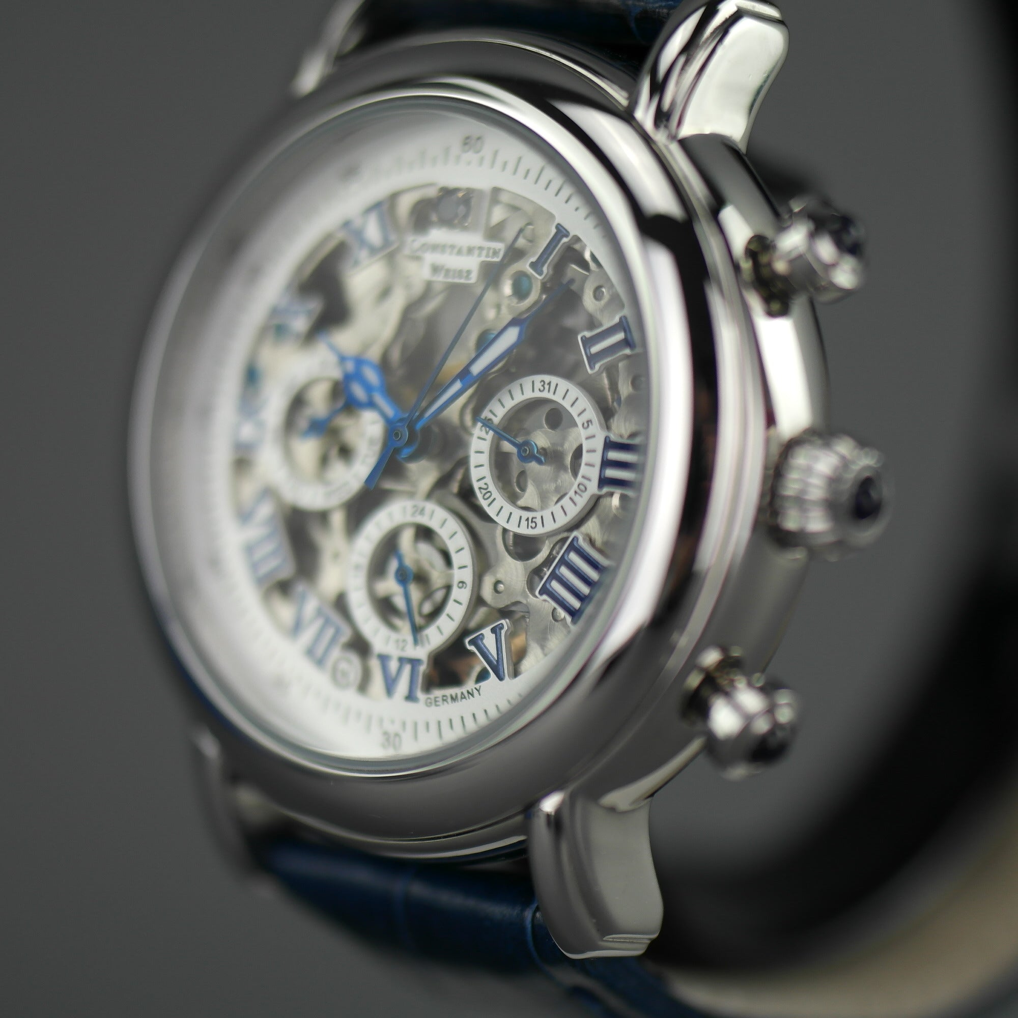 Constantin Weisz Skeleton Automatik-Armbanduhr mit blauem Lederarmband