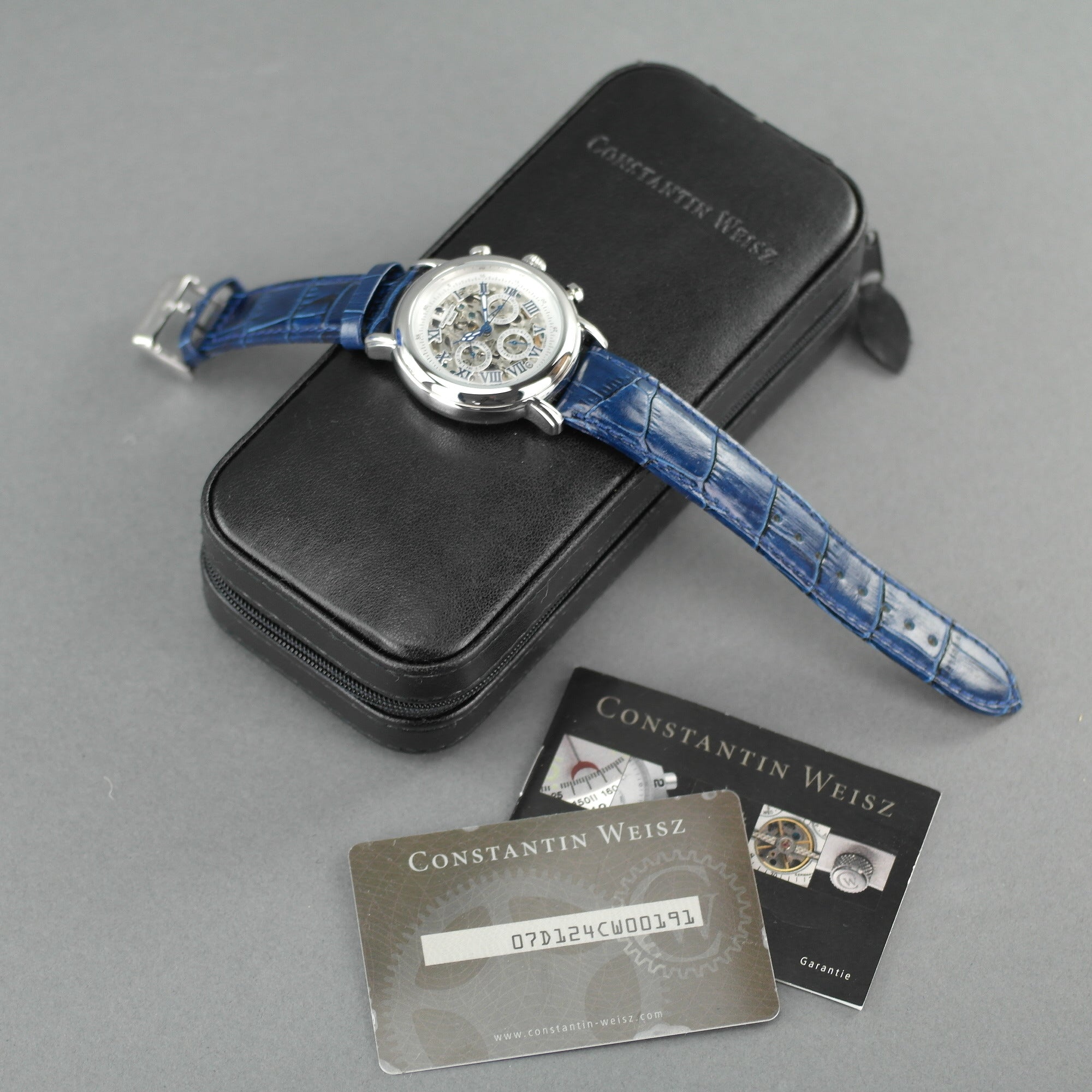 Constantin Weisz Skeleton Automatik-Armbanduhr mit blauem Lederarmband
