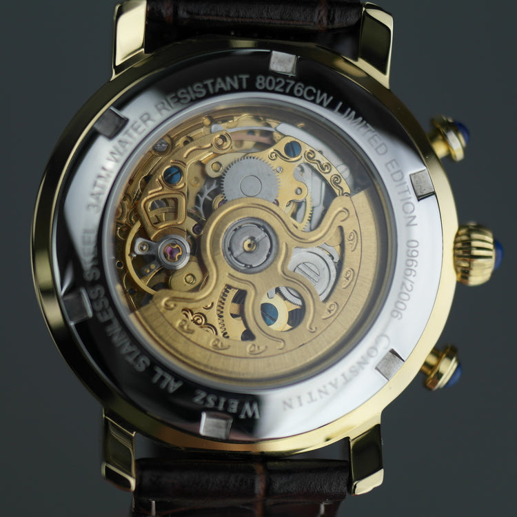 Constantin Weisz Limited Edition Automatic Gold plated skeleton watch brown strap