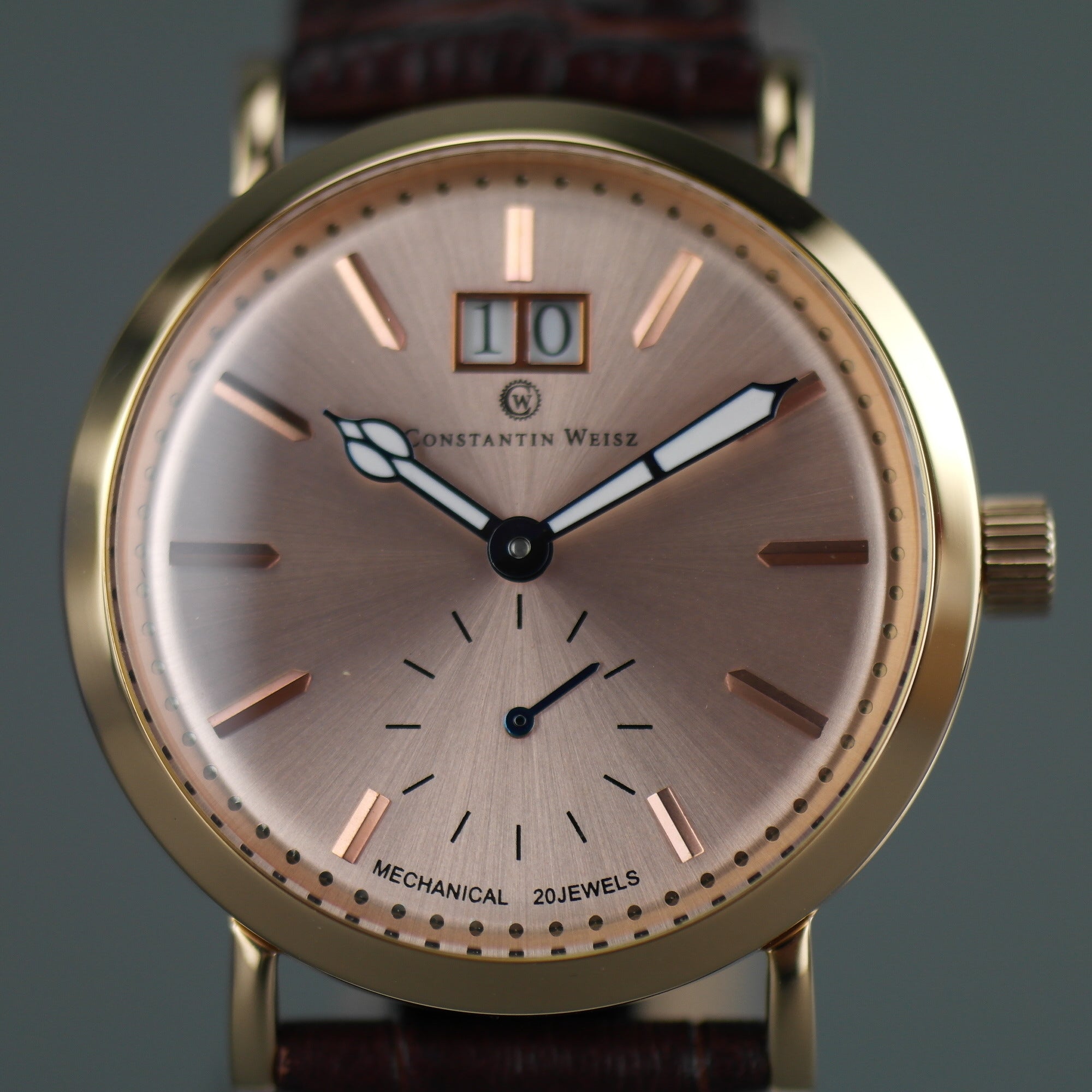 Constantin Weisz Gold plated mechanical wrist watch with brown leather strap