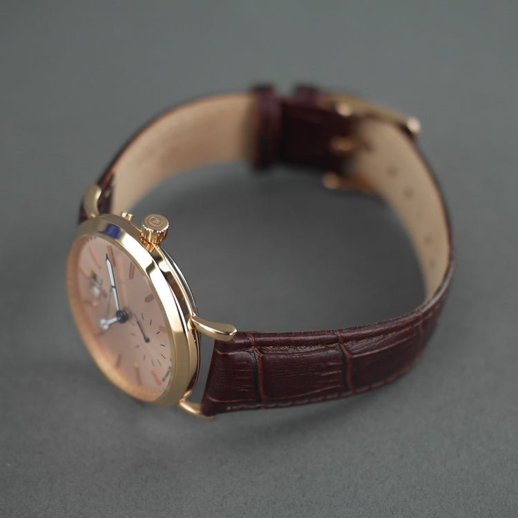 Constantin Weisz Gold plated mechanical wrist watch with brown leather strap