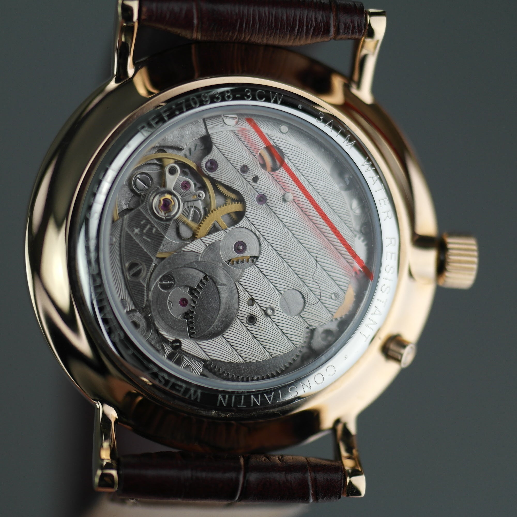Constantin Weisz Gold plated mechanical wrist watch with brown leather strap