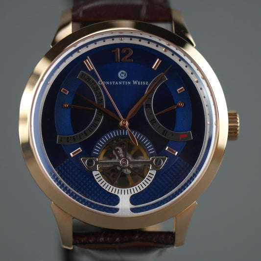 Constantin Weisz Reloj de pulsera automático chapado en oro 38 joyas movimiento de corazón abierto correa de cuero