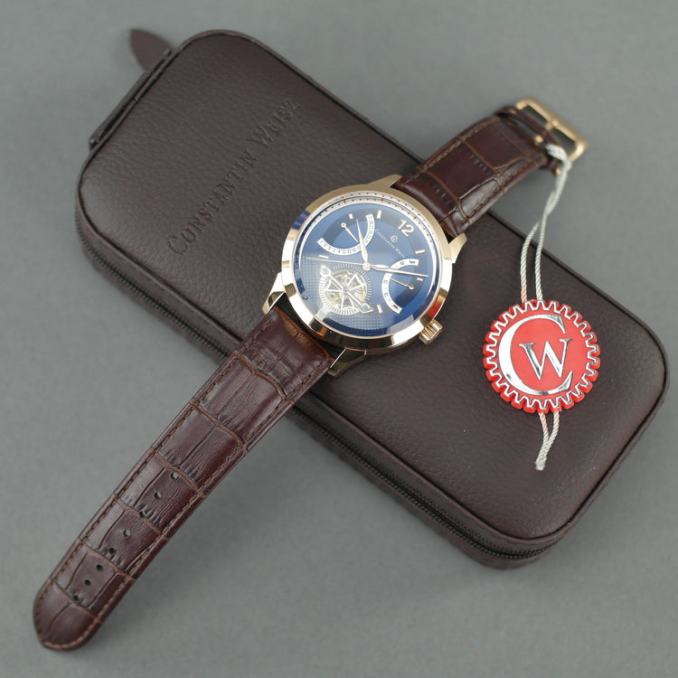 Constantin Weisz Gold plated automatic wrist watch 38 jewels open heart movement leather strap