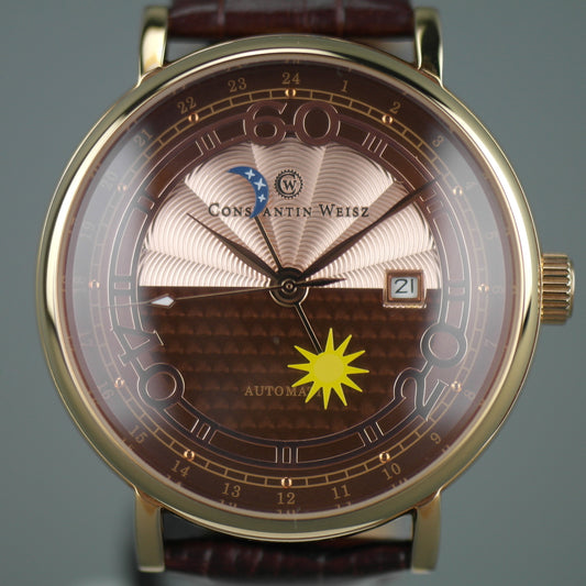 Constantin Weisz Vergoldete automatische 21-Juwelen-Armbanduhr mit Lederarmband Sun Moon