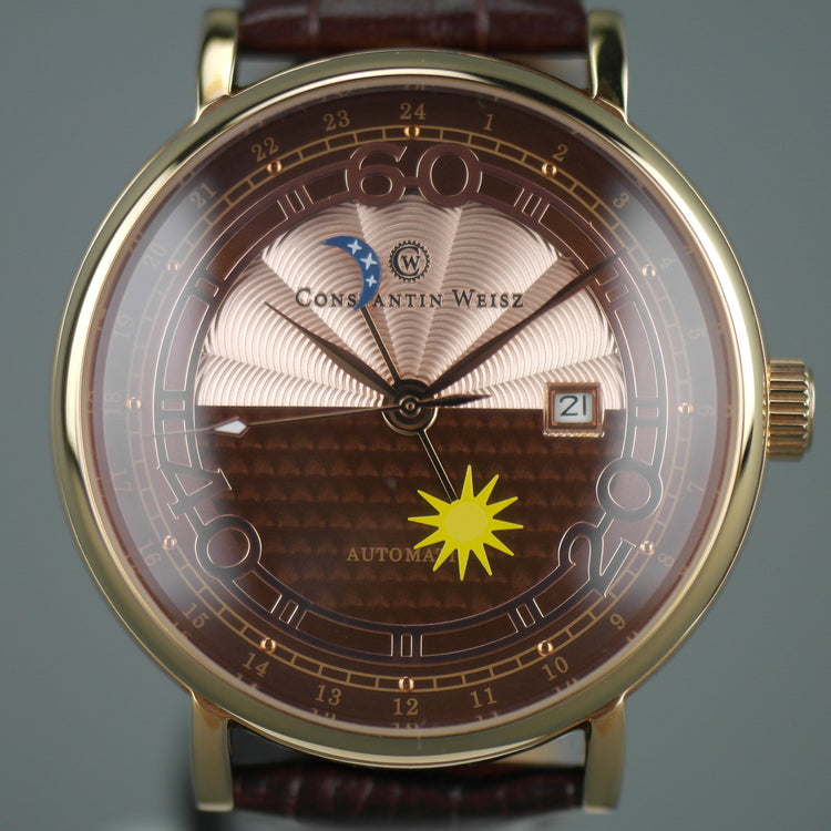 Constantin Weisz Gold plated Automatic 21 jewels wrist watch with leather strap Sun Moon