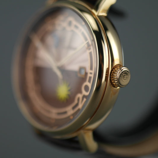 Constantin Weisz Vergoldete automatische 21-Juwelen-Armbanduhr mit Lederarmband Sun Moon