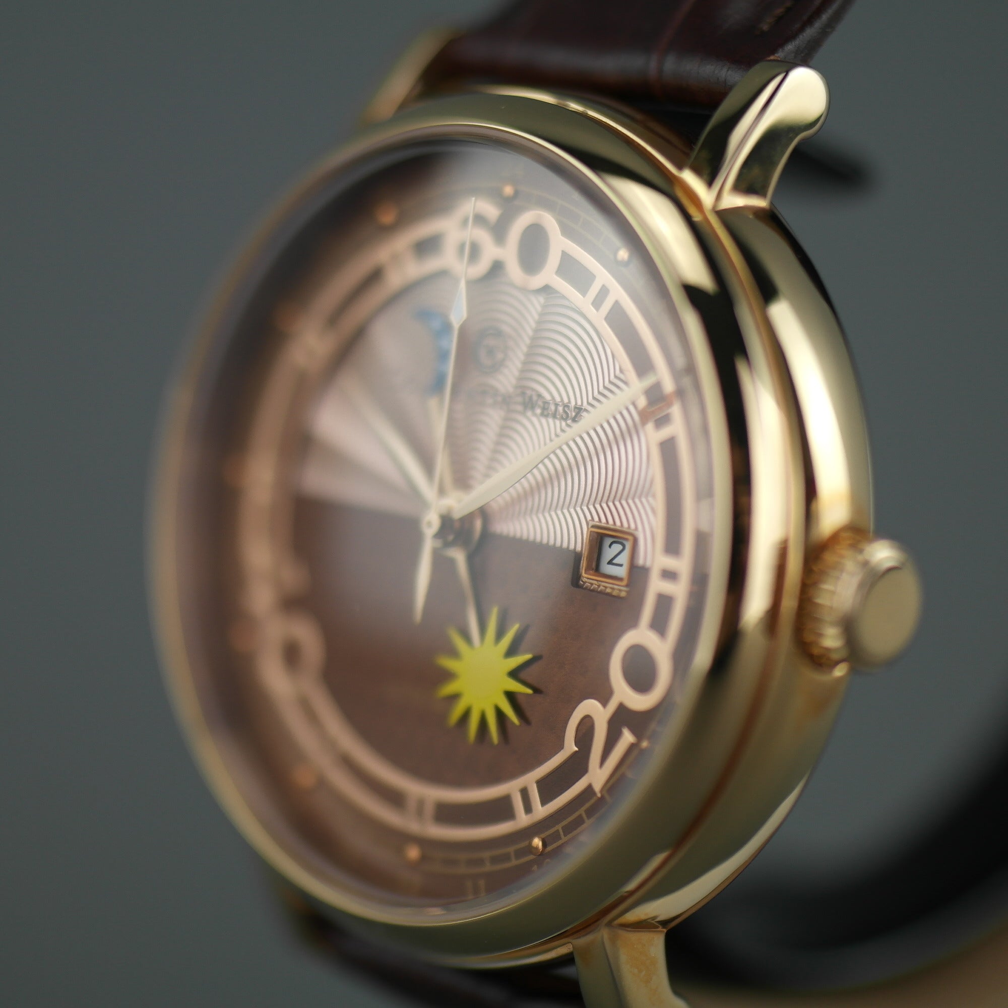 Constantin Weisz Vergoldete automatische 21-Juwelen-Armbanduhr mit Lederarmband Sun Moon