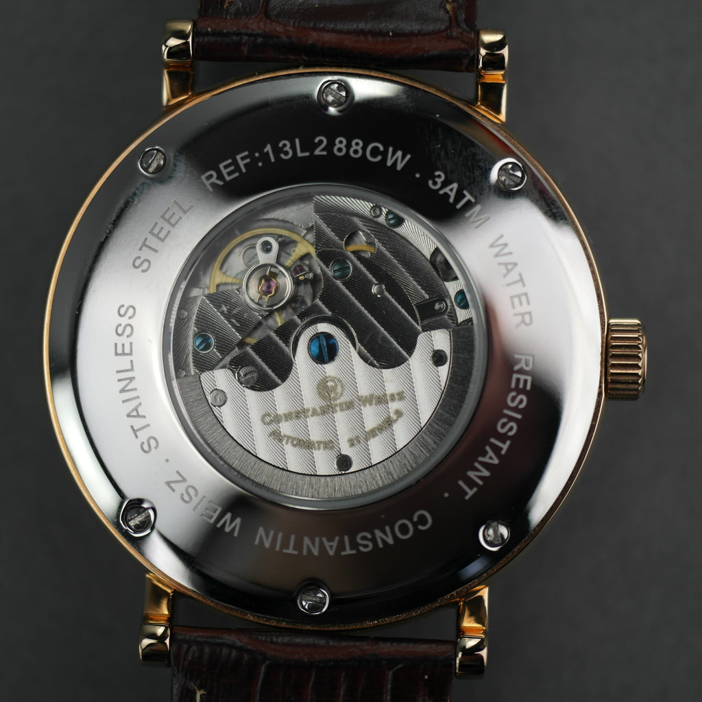 Constantin Weisz Vergoldete automatische 21-Juwelen-Armbanduhr mit Lederarmband Sun Moon
