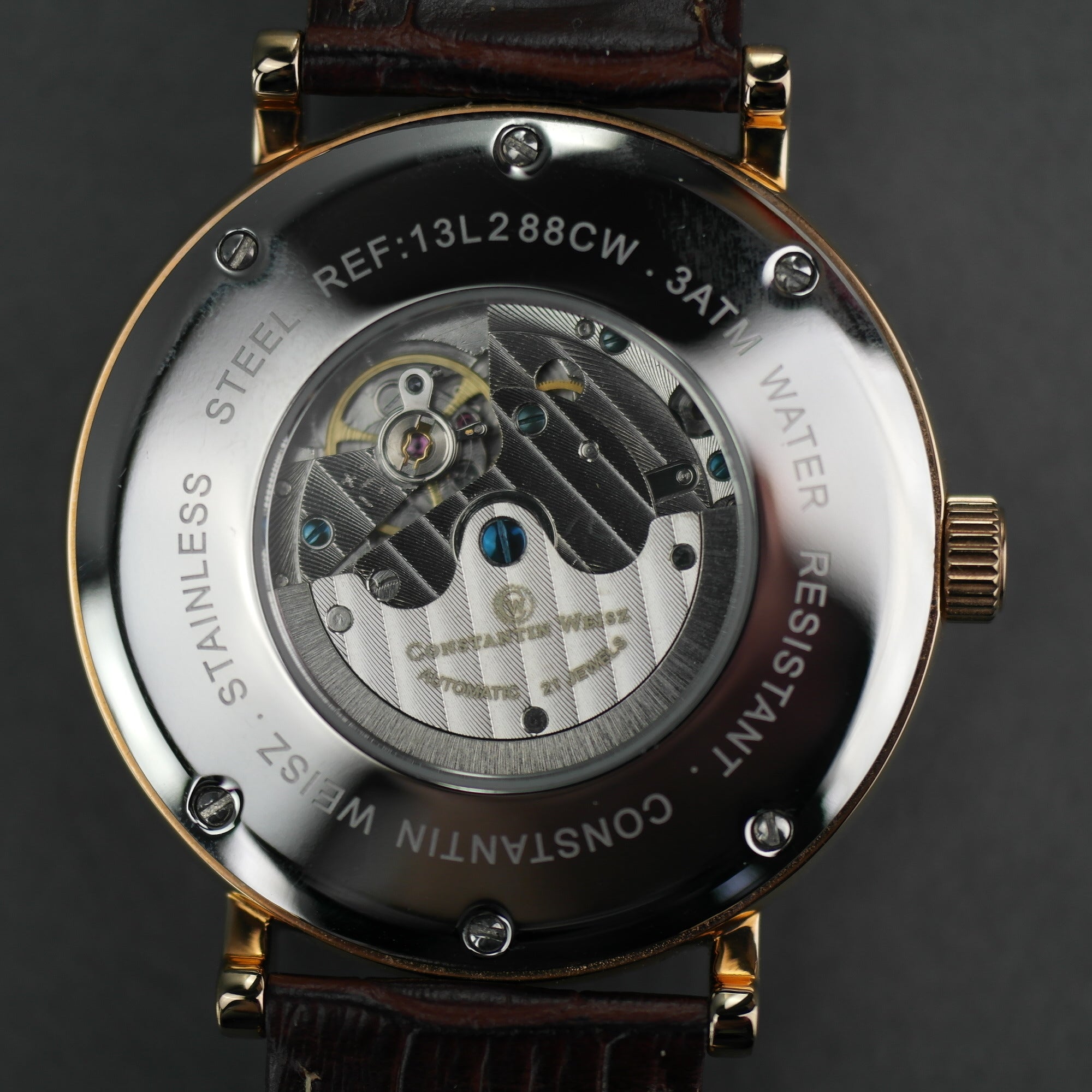 Constantin Weisz Vergoldete automatische 21-Juwelen-Armbanduhr mit Lederarmband Sun Moon