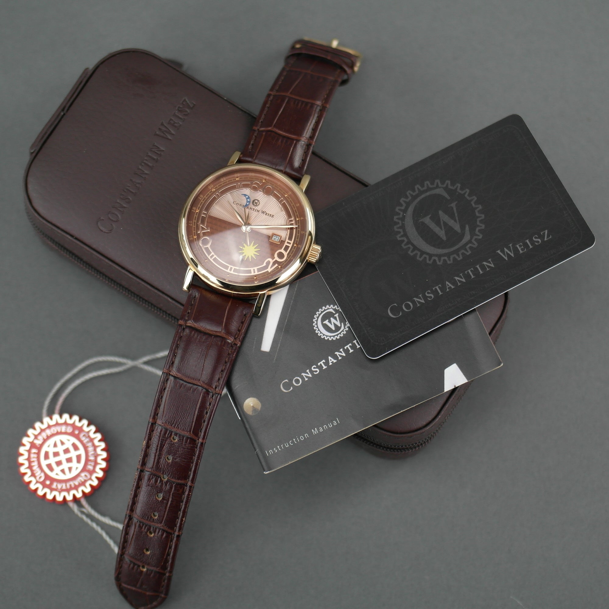 Constantin Weisz Vergoldete automatische 21-Juwelen-Armbanduhr mit Lederarmband Sun Moon