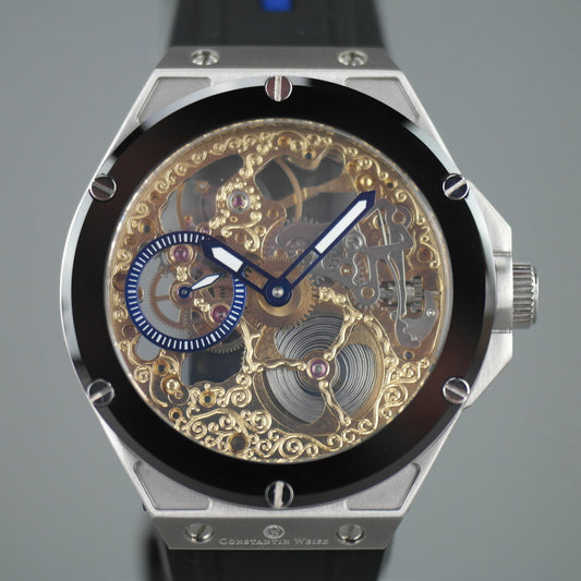 Reloj de pulsera mecánico Constantin Weisz Skeleton con correa de silicona negra