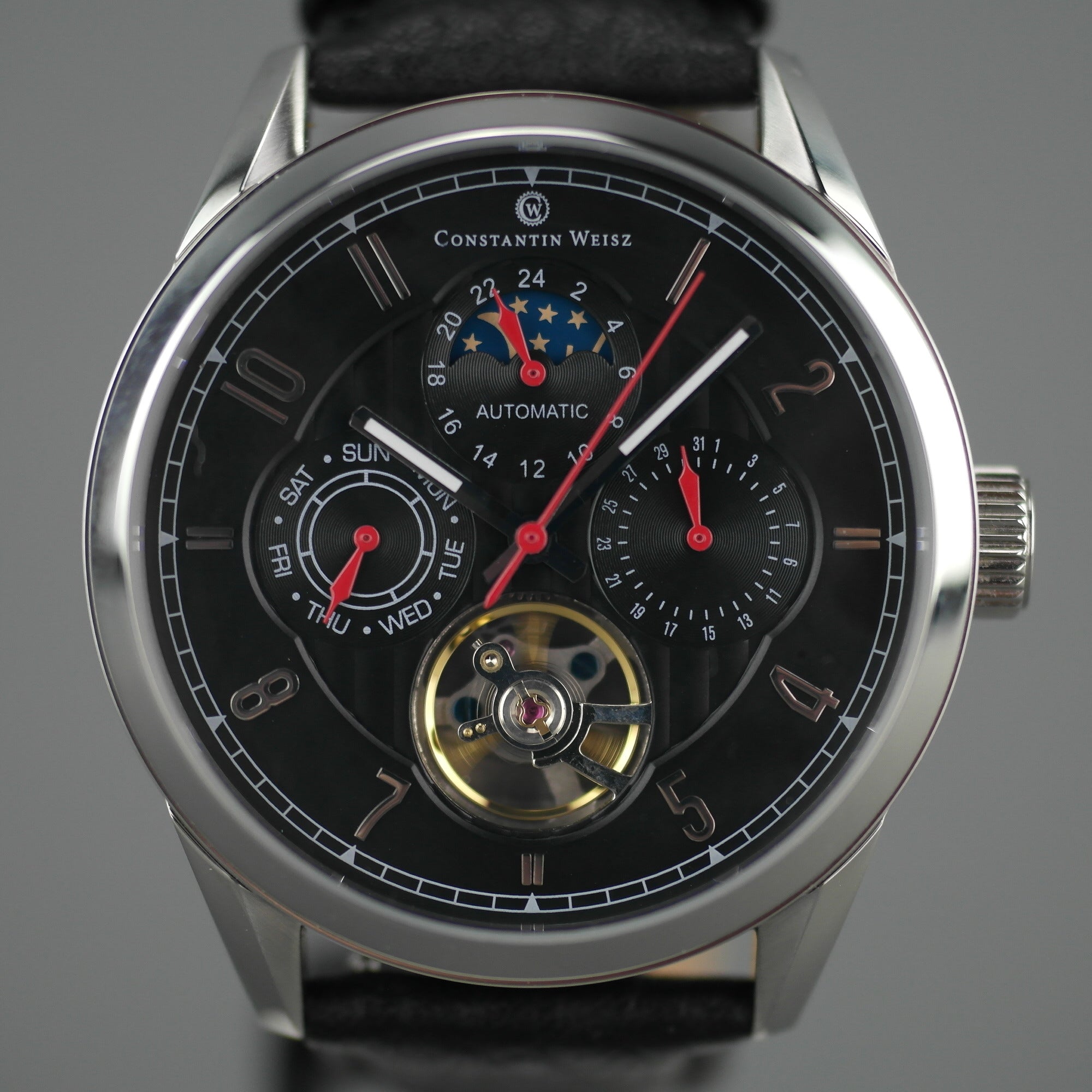 Constantin Weisz Automatikuhr mit 20 Juwelen und schwarzem Lederarmband