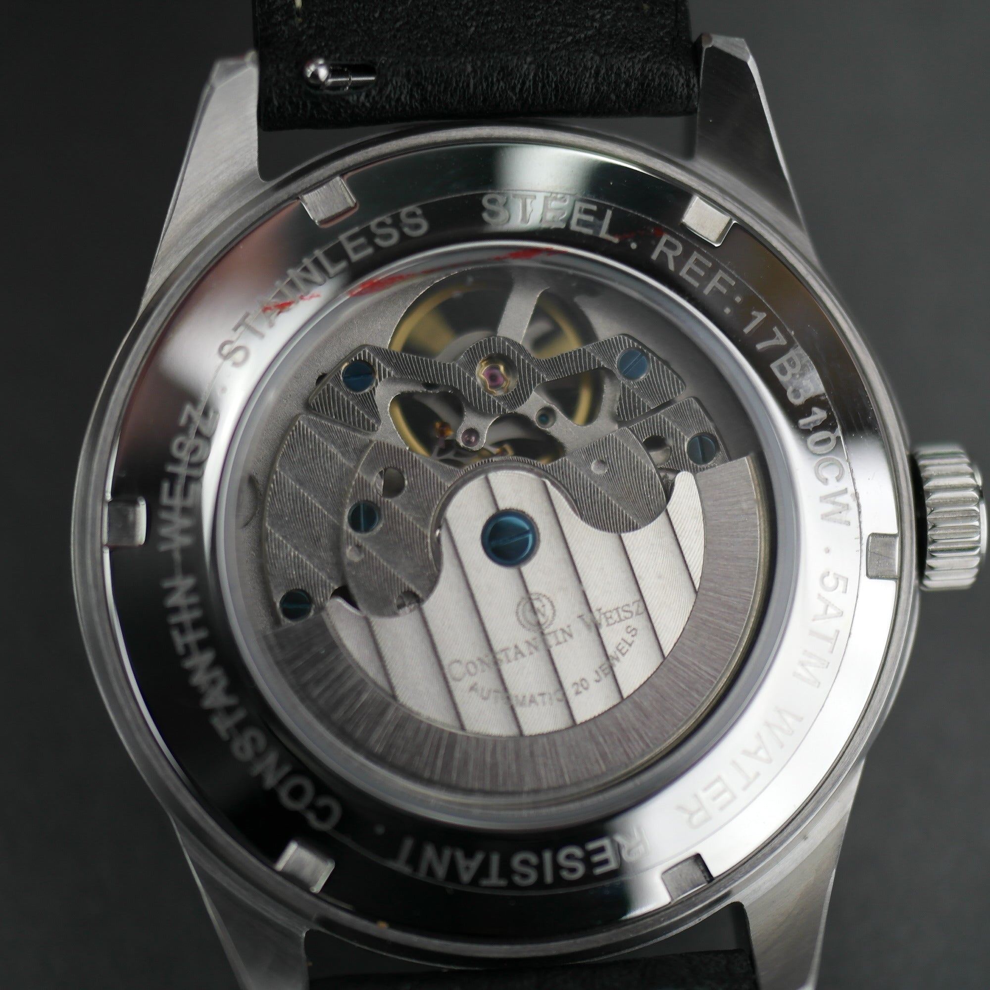Constantin Weisz Automatikuhr mit 20 Juwelen und schwarzem Lederarmband