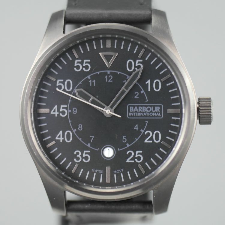Barbour International Biker wrist watch black dial with date and leather strap