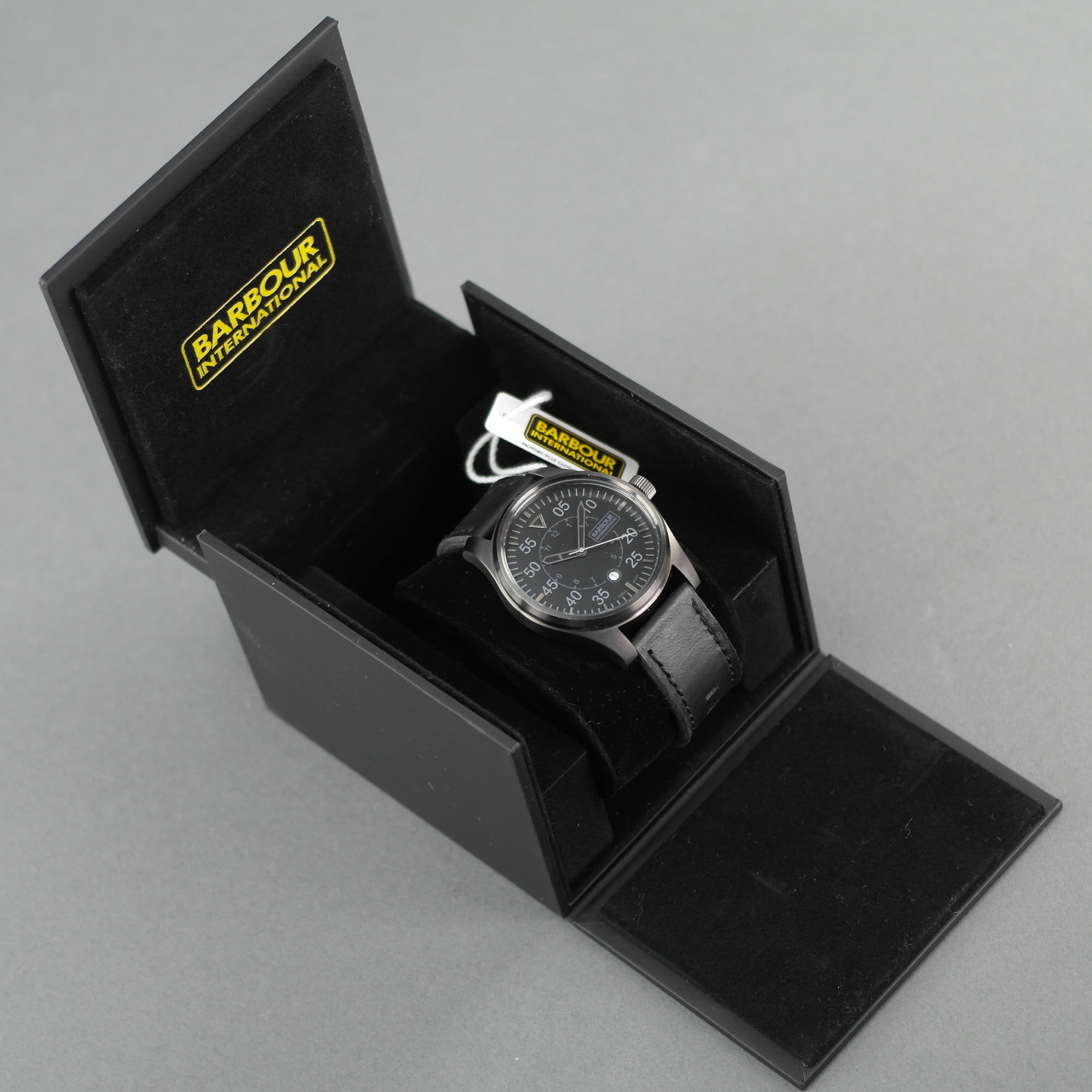 Barbour International Biker wrist watch black dial with date and leather strap