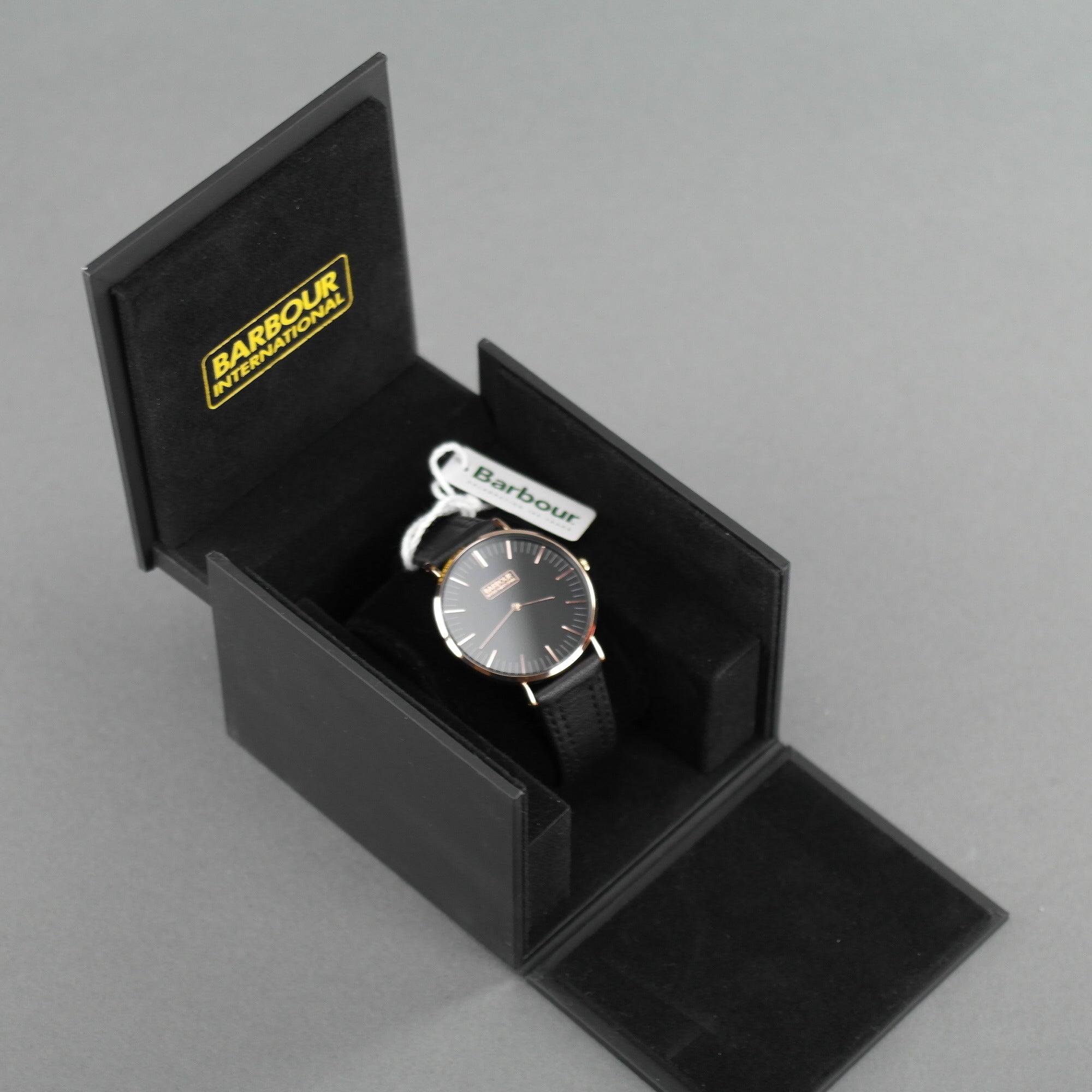Barbour International Hartley gold tone wrist watch with black dial and leather strap