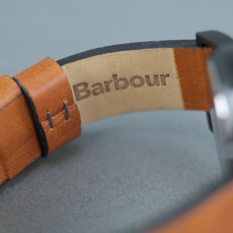 Barbour International black wrist watch with brown leather strap