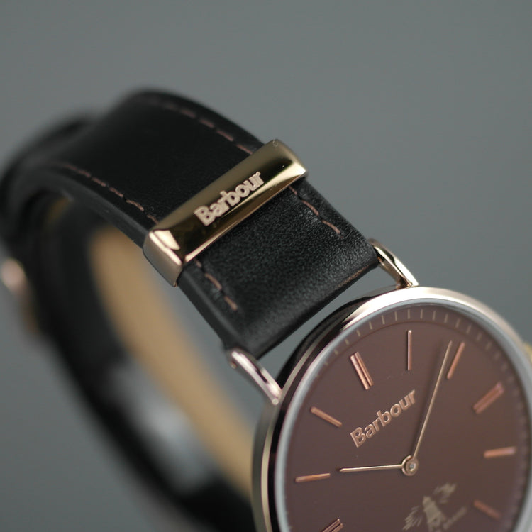 Barbour Hartley gold plated wrist watch with brown dial and leather strap