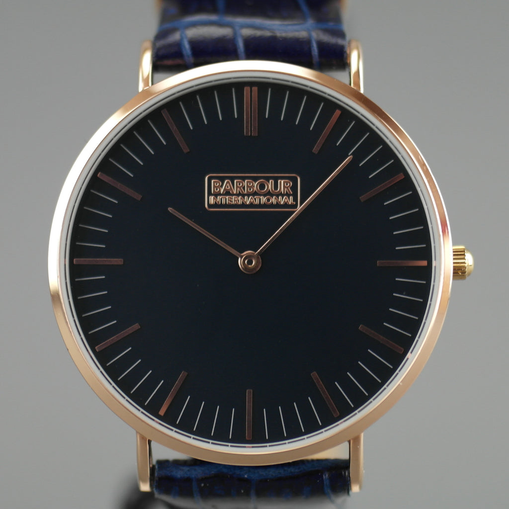 Barbour Hartley Reloj de pulsera chapado en oro con esfera negra y correa de cuero azul
