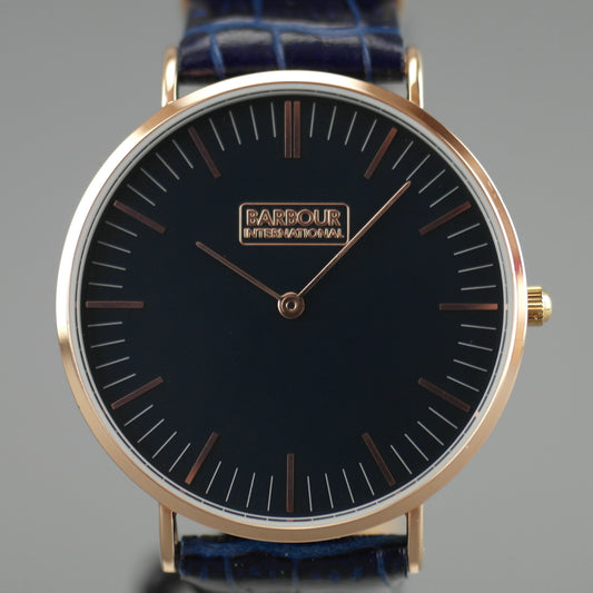 Barbour Hartley Vergoldete Armbanduhr mit schwarzem Zifferblatt und blauem Lederarmband