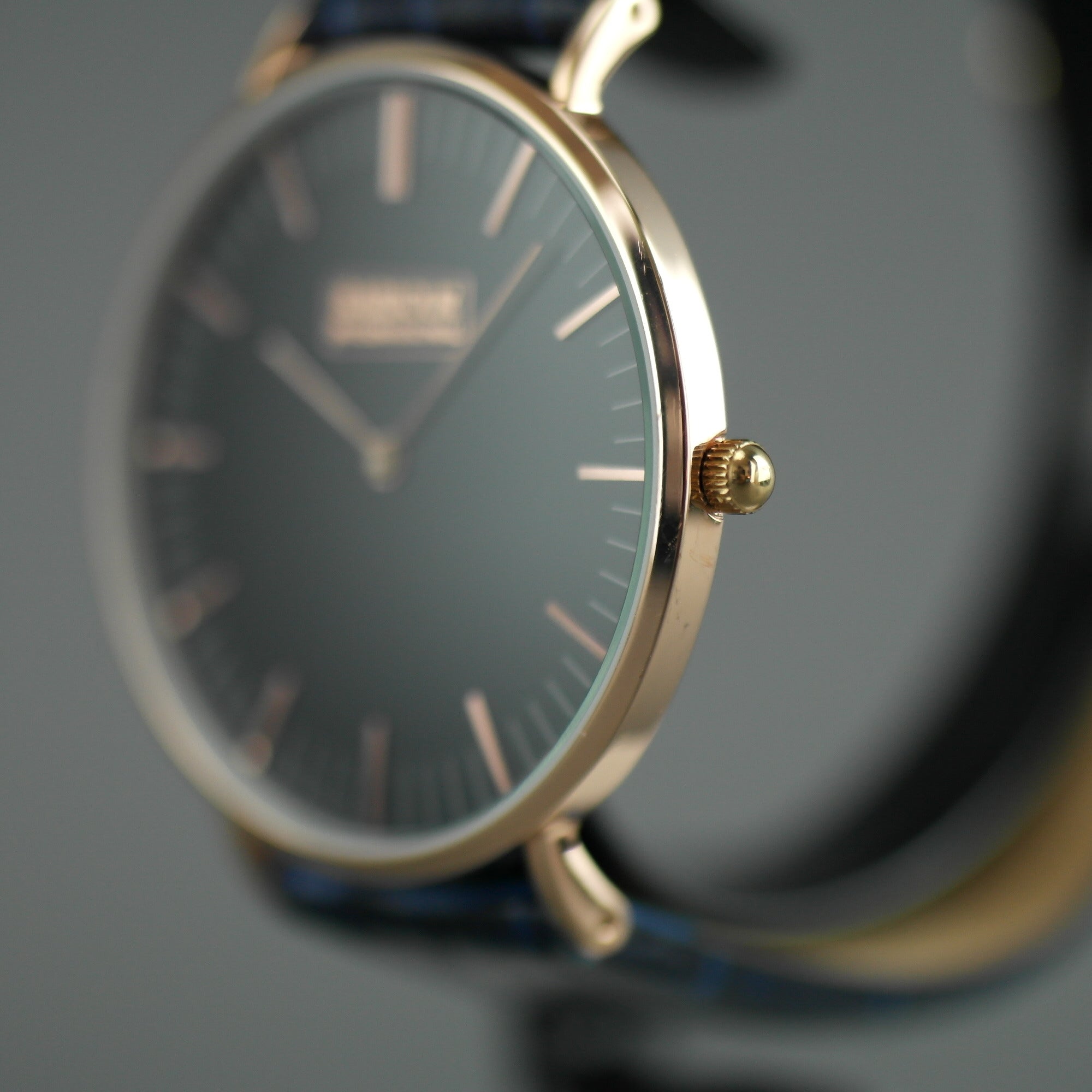 Barbour Hartley Gold plated wrist watch with black dial and blue leather strap