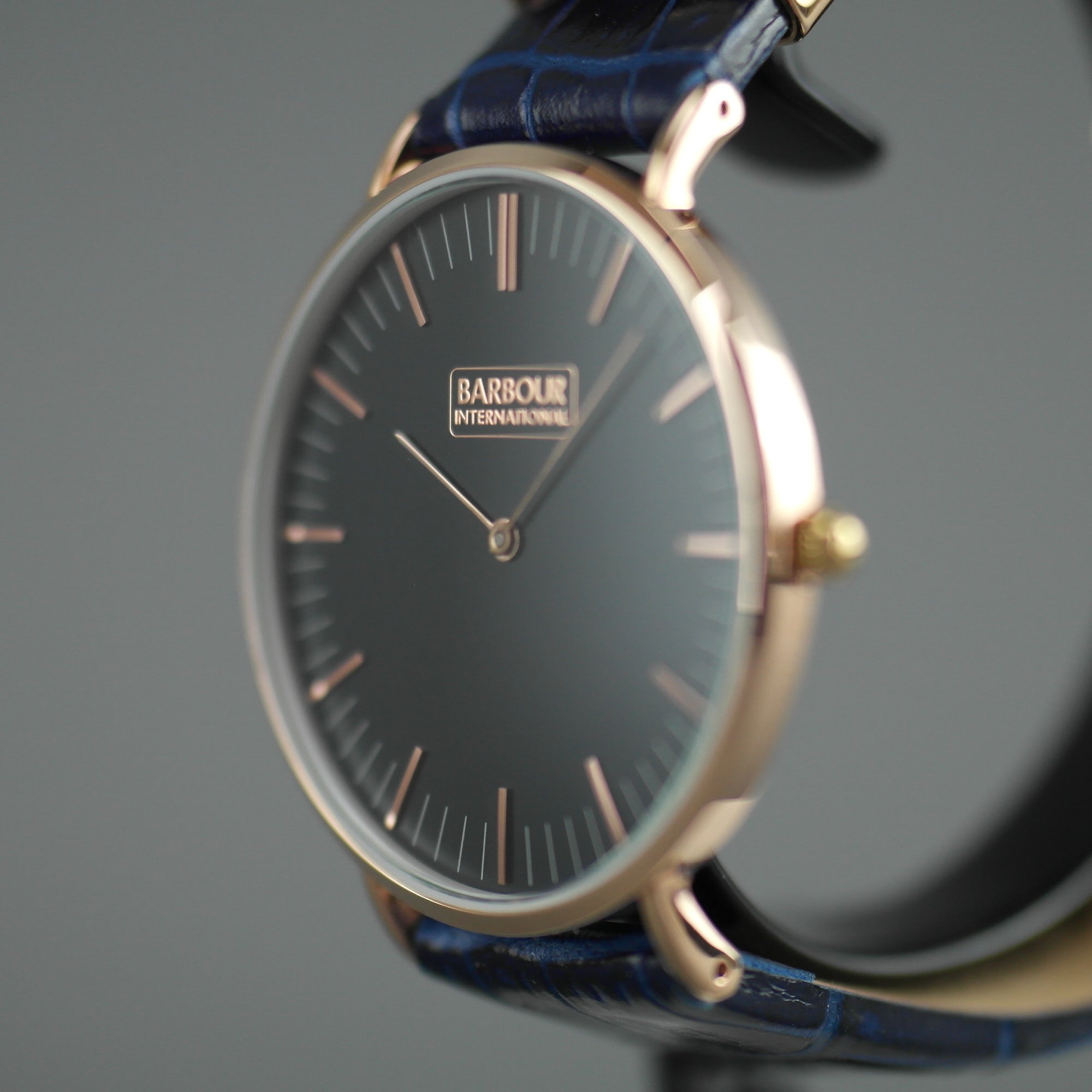 Barbour Hartley Gold plated wrist watch with black dial and blue leather strap