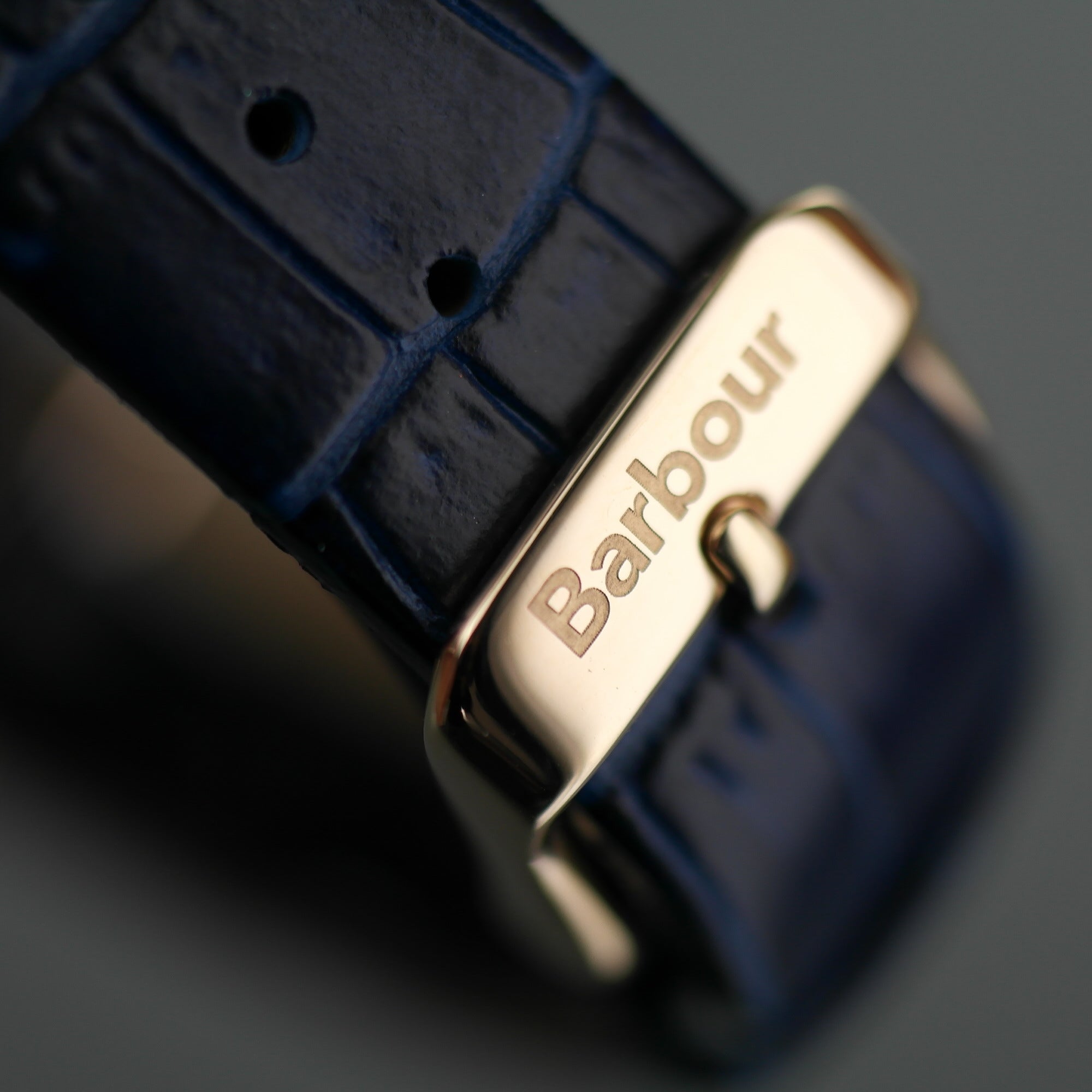 Barbour Hartley Gold plated wrist watch with black dial and blue leather strap