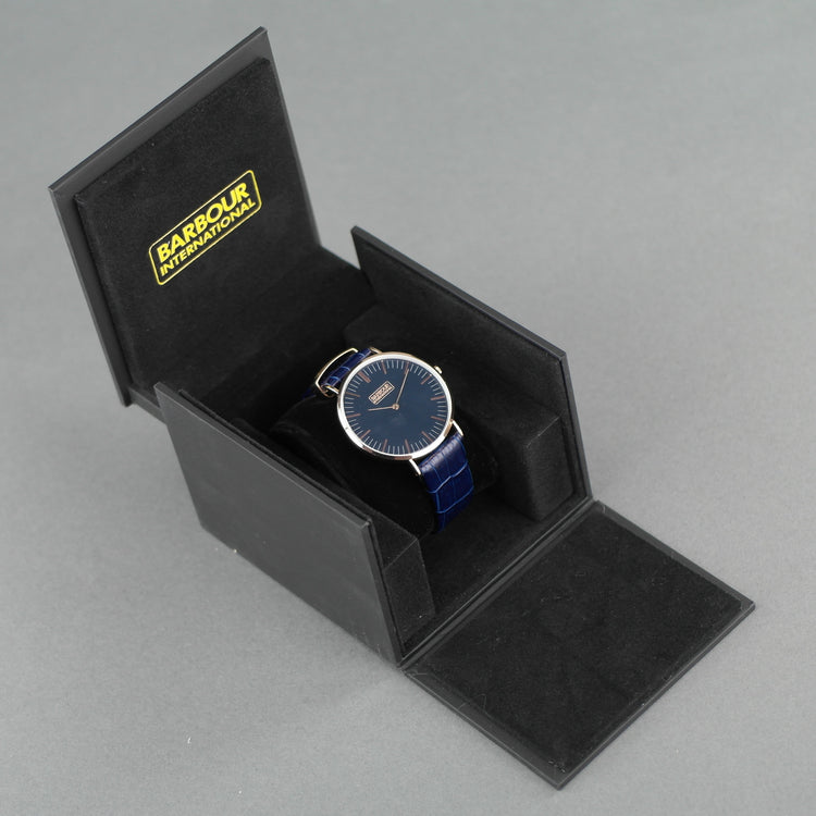 Barbour Hartley Gold plated wrist watch with black dial and blue leather strap