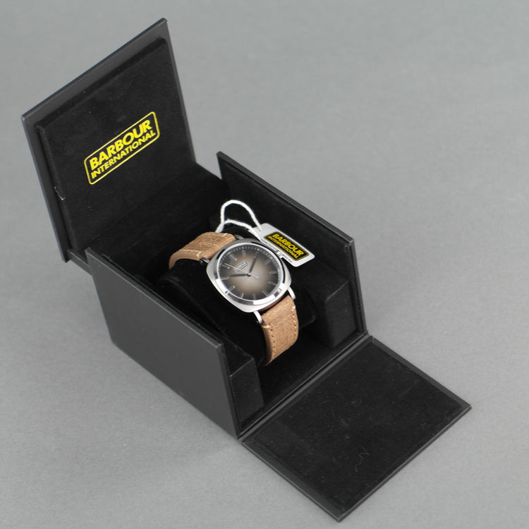 Barbour International Beacon Drive wrist watch grey dial with date and brown leather strap