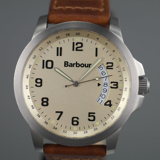 Barbour Silver tone wrist watch with brown leather strap