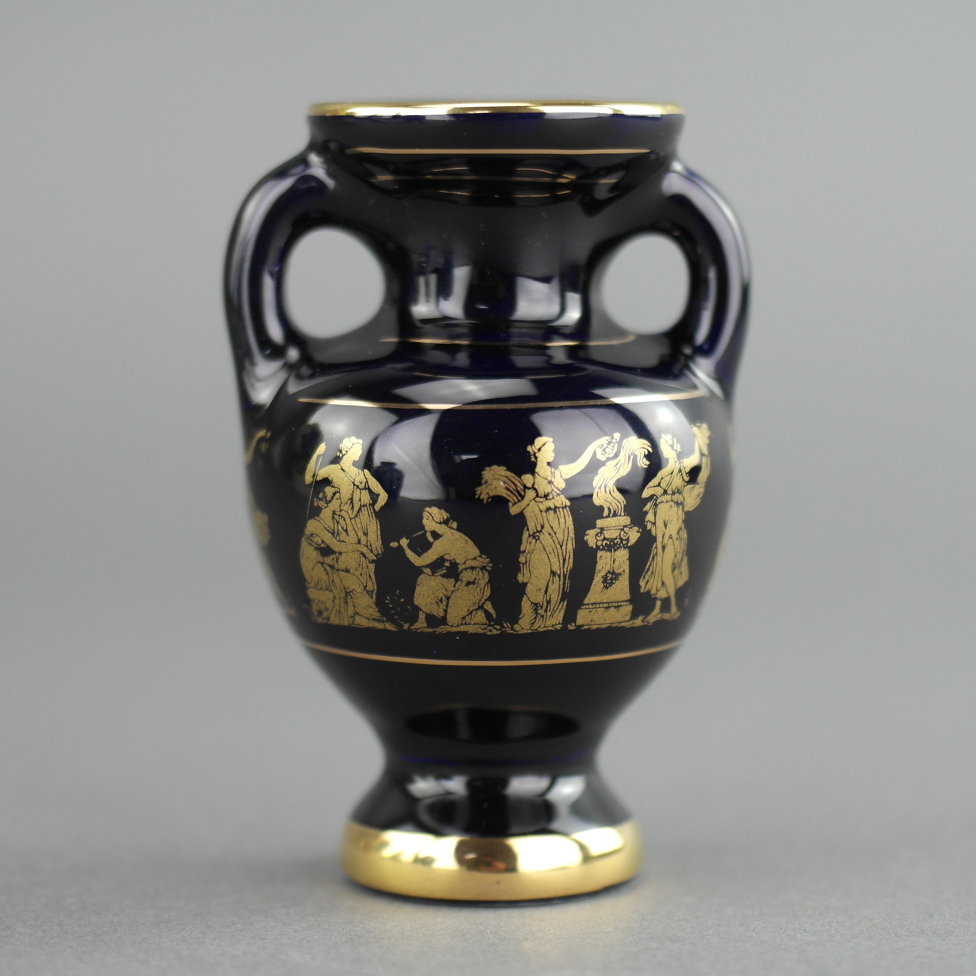 Vintage handmade 24ct Gold plate pottery vase jug Greek Royal blue colour made by Sc