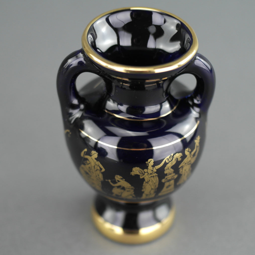 Vintage handmade 24ct Gold plate pottery vase jug Greek Royal blue colour made by Sc