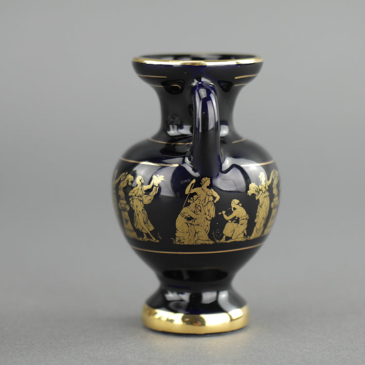 Vintage handmade 24ct Gold plate pottery vase jug Greek Royal blue colour made by Sc