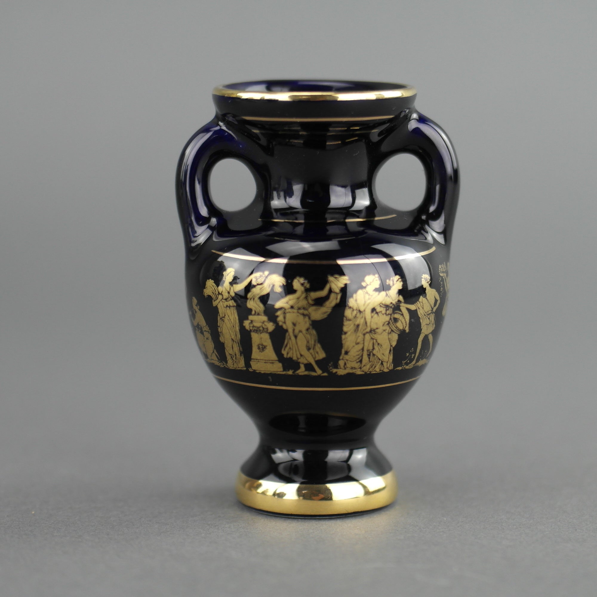 Vintage handmade 24ct Gold plate pottery vase jug Greek Royal blue colour made by Sc