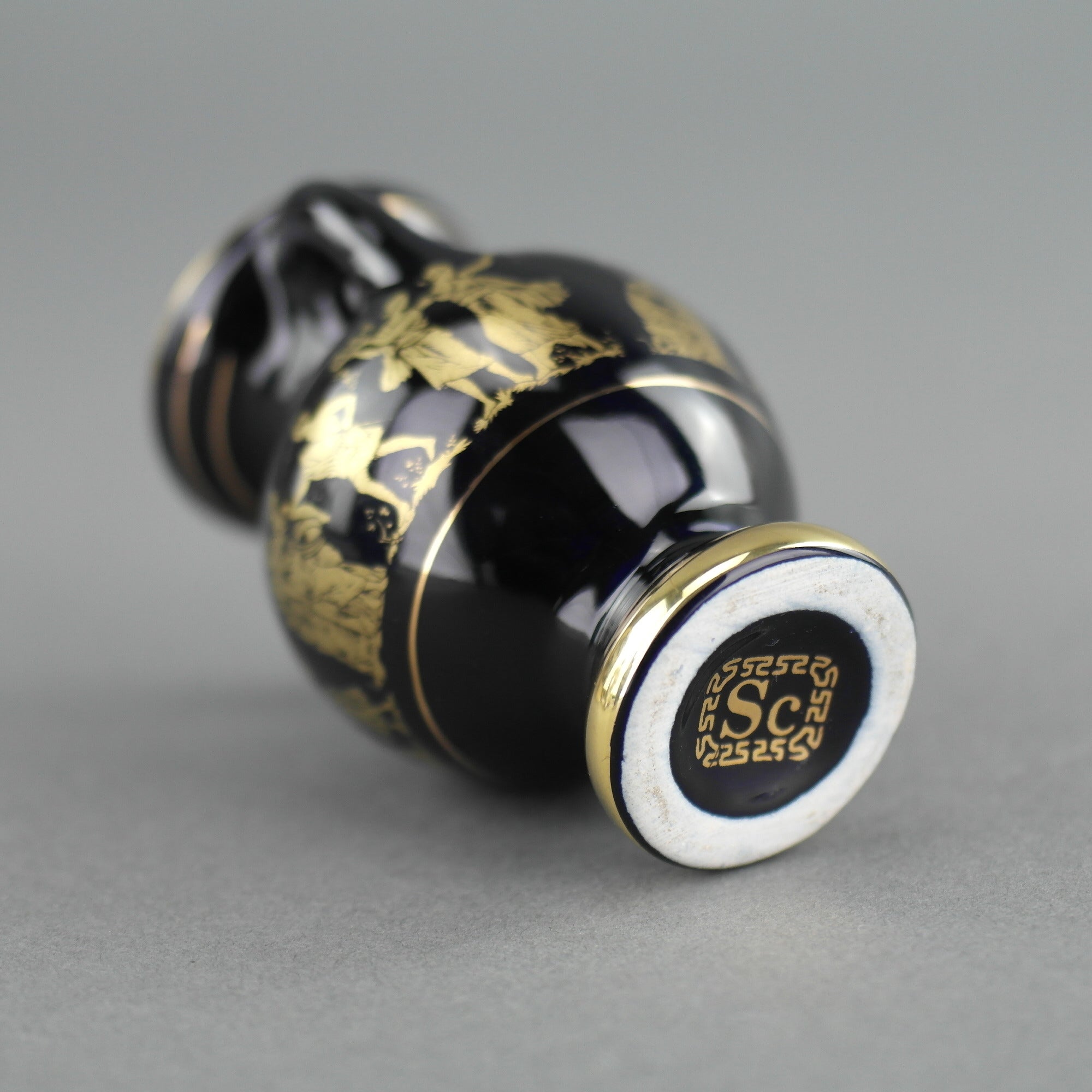 Vintage handmade 24ct Gold plate pottery vase jug Greek Royal blue colour made by Sc