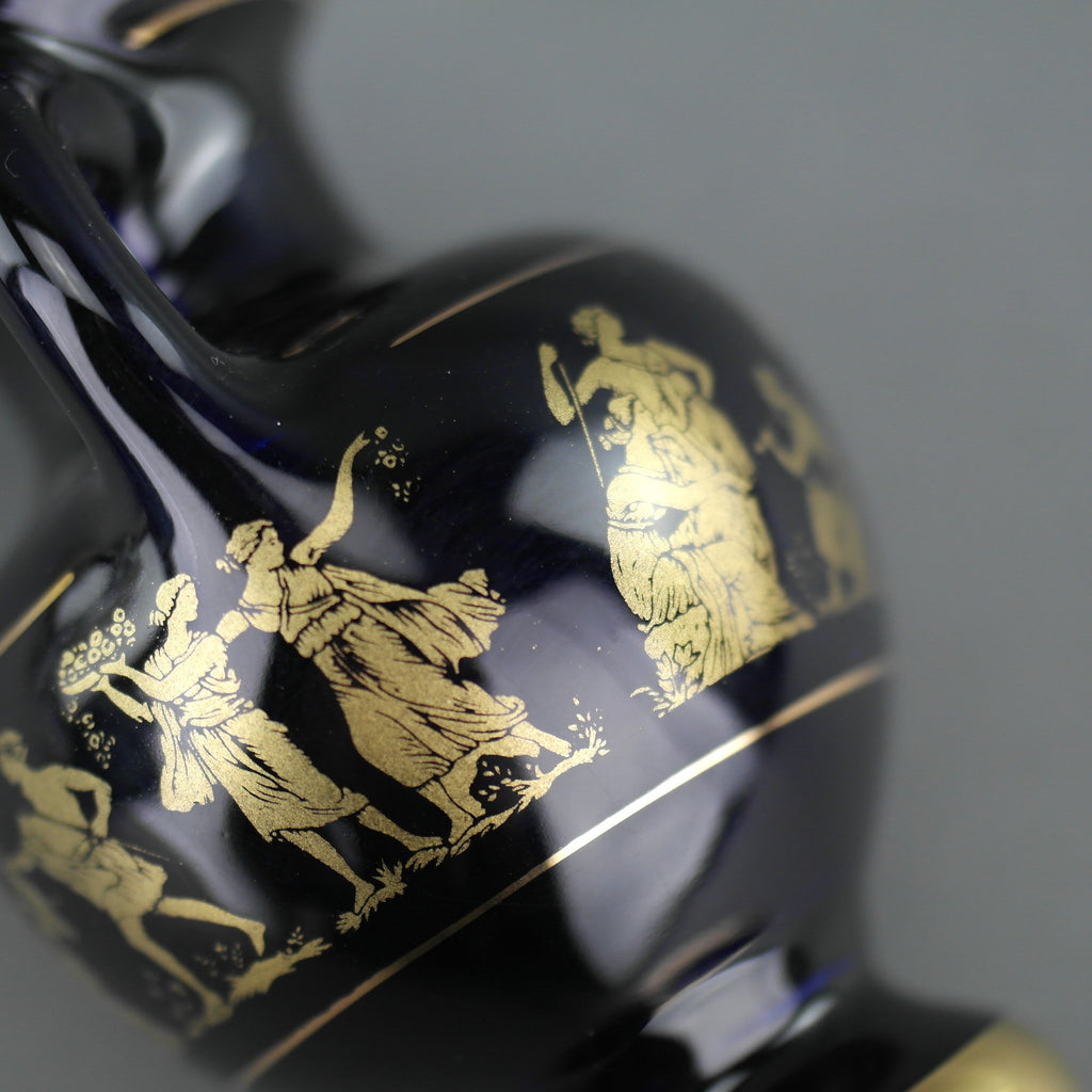 Vintage handmade 24ct Gold plate pottery vase jug Greek Royal blue colour made by Sc