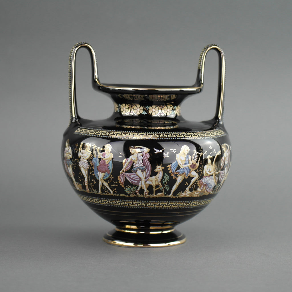 Vintage handmade 24ct Gold plate pottery vase urn Greek Black colour made by Fakiolas, Greece