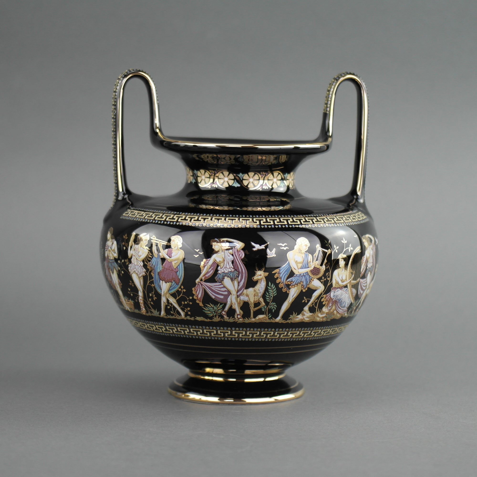 Vintage handmade 24ct Gold plate pottery vase urn Greek Black colour made by Fakiolas, Greece