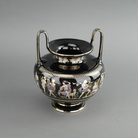 Vintage handgemachte 24ct Goldplatte Keramik Vase Urne griechische schwarze Farbe hergestellt von Fakiolas, Griechenland