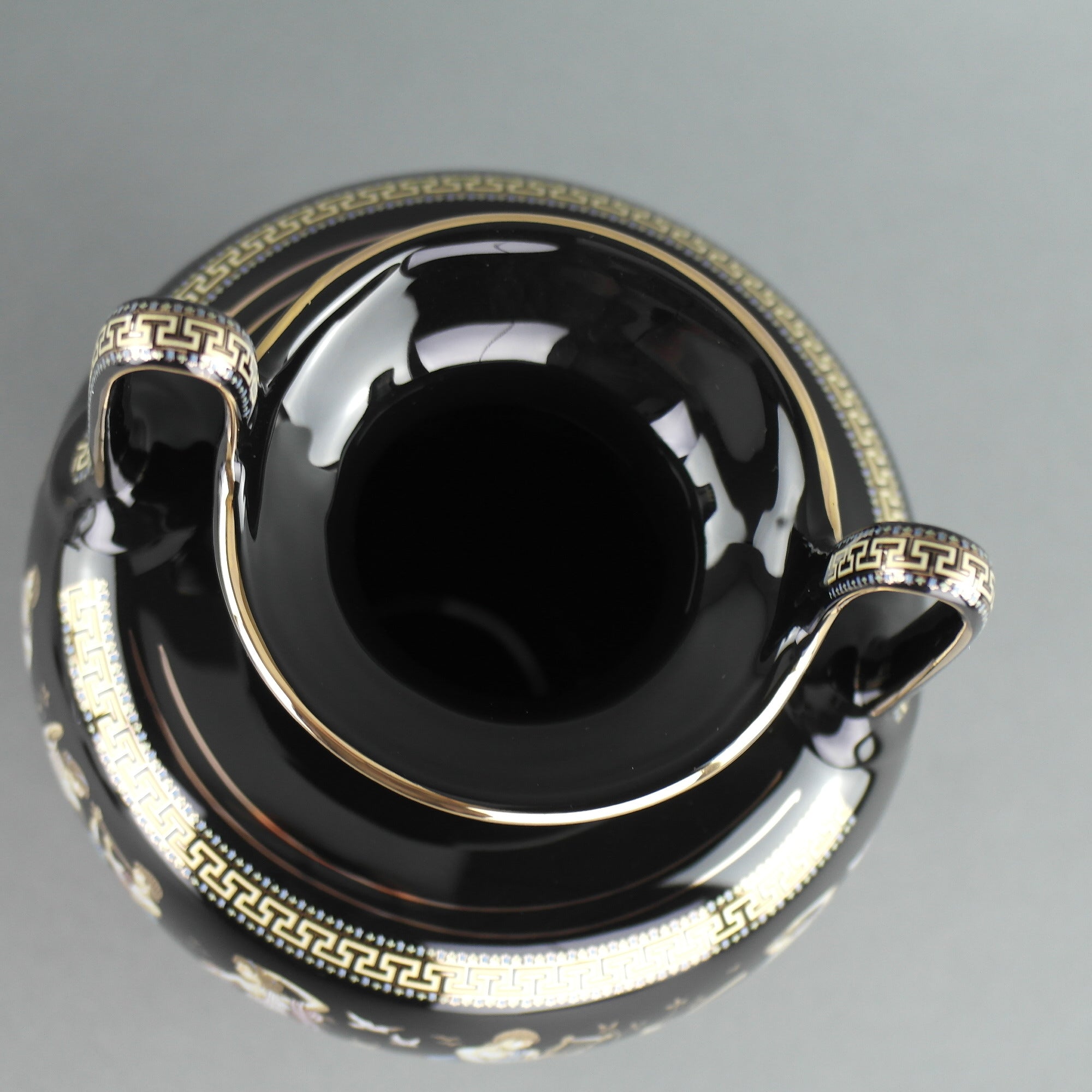 Vintage handmade 24ct Gold plate pottery vase urn Greek Black colour made by Fakiolas, Greece