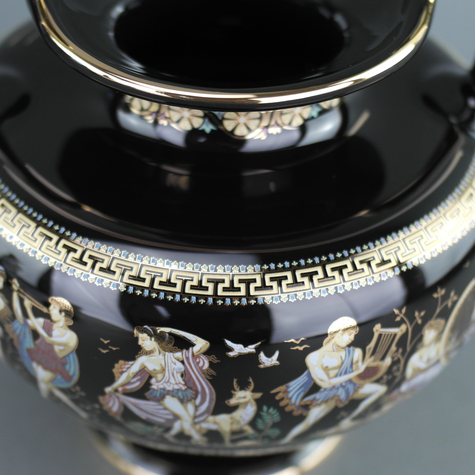 Vintage handmade 24ct Gold plate pottery vase urn Greek Black colour made by Fakiolas, Greece