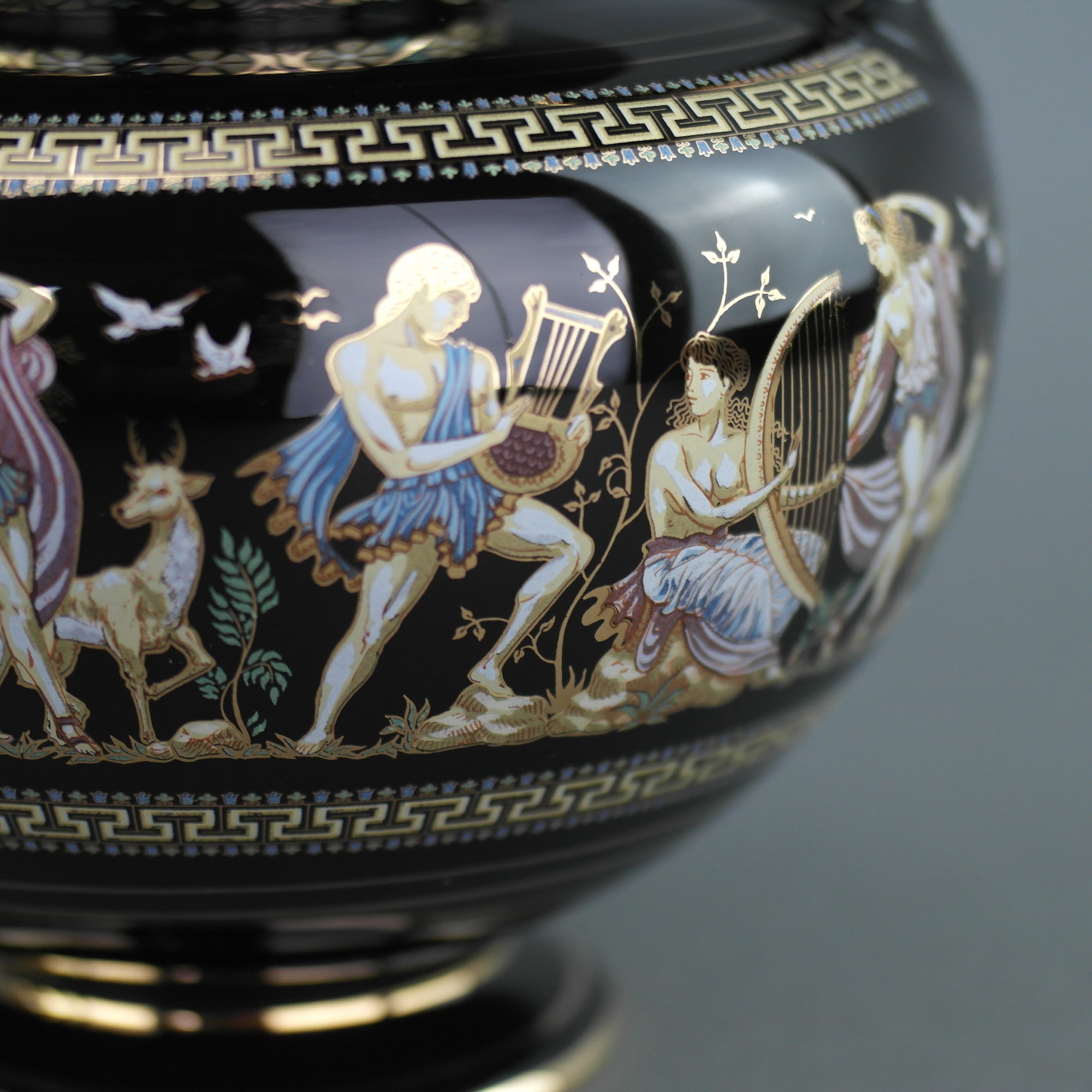 Vintage handmade 24ct Gold plate pottery vase urn Greek Black colour made by Fakiolas, Greece