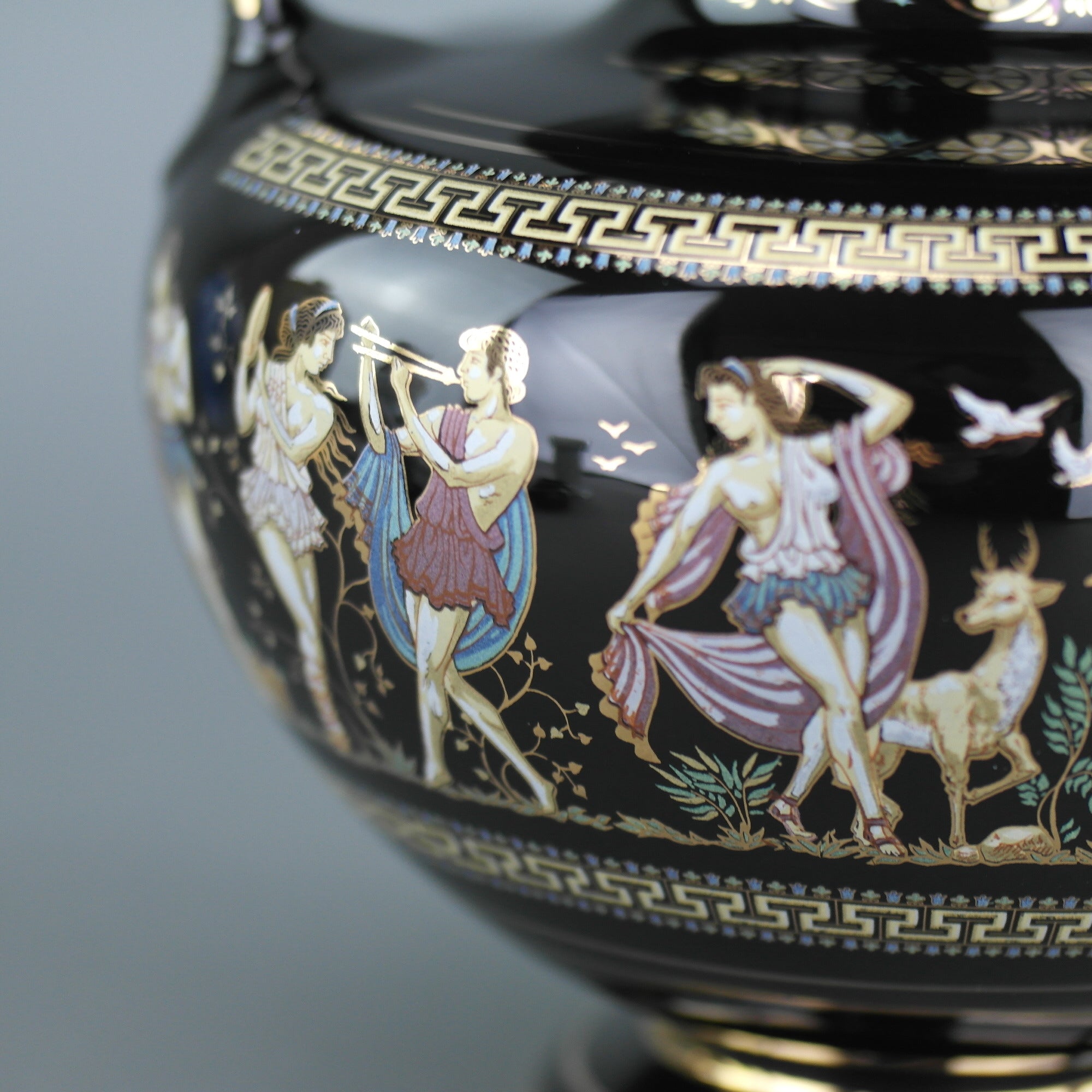 Vintage handmade 24ct Gold plate pottery vase urn Greek Black colour made by Fakiolas, Greece
