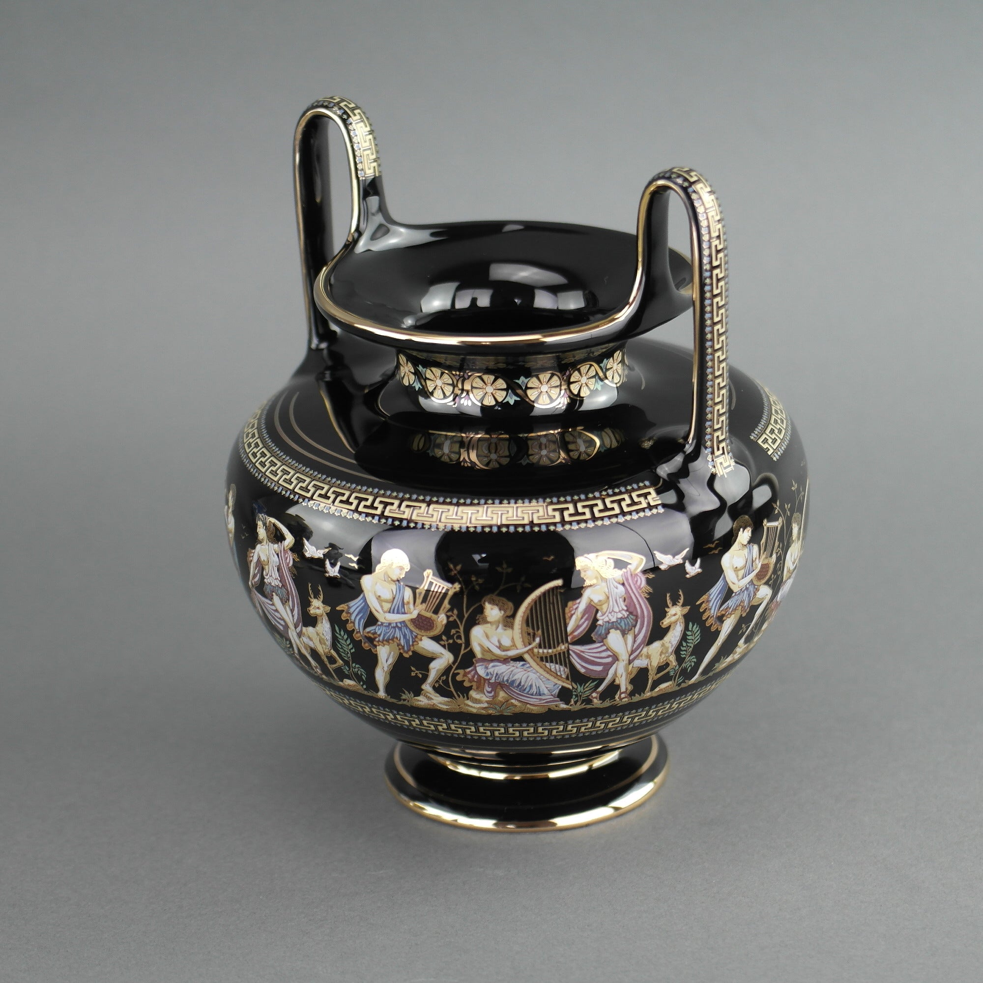 Vintage handgemachte 24ct Goldplatte Keramik Vase Urne griechische schwarze Farbe hergestellt von Fakiolas, Griechenland