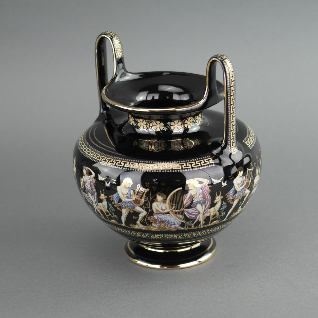 Vintage handmade 24ct Gold plate pottery vase urn Greek Black colour made by Fakiolas, Greece