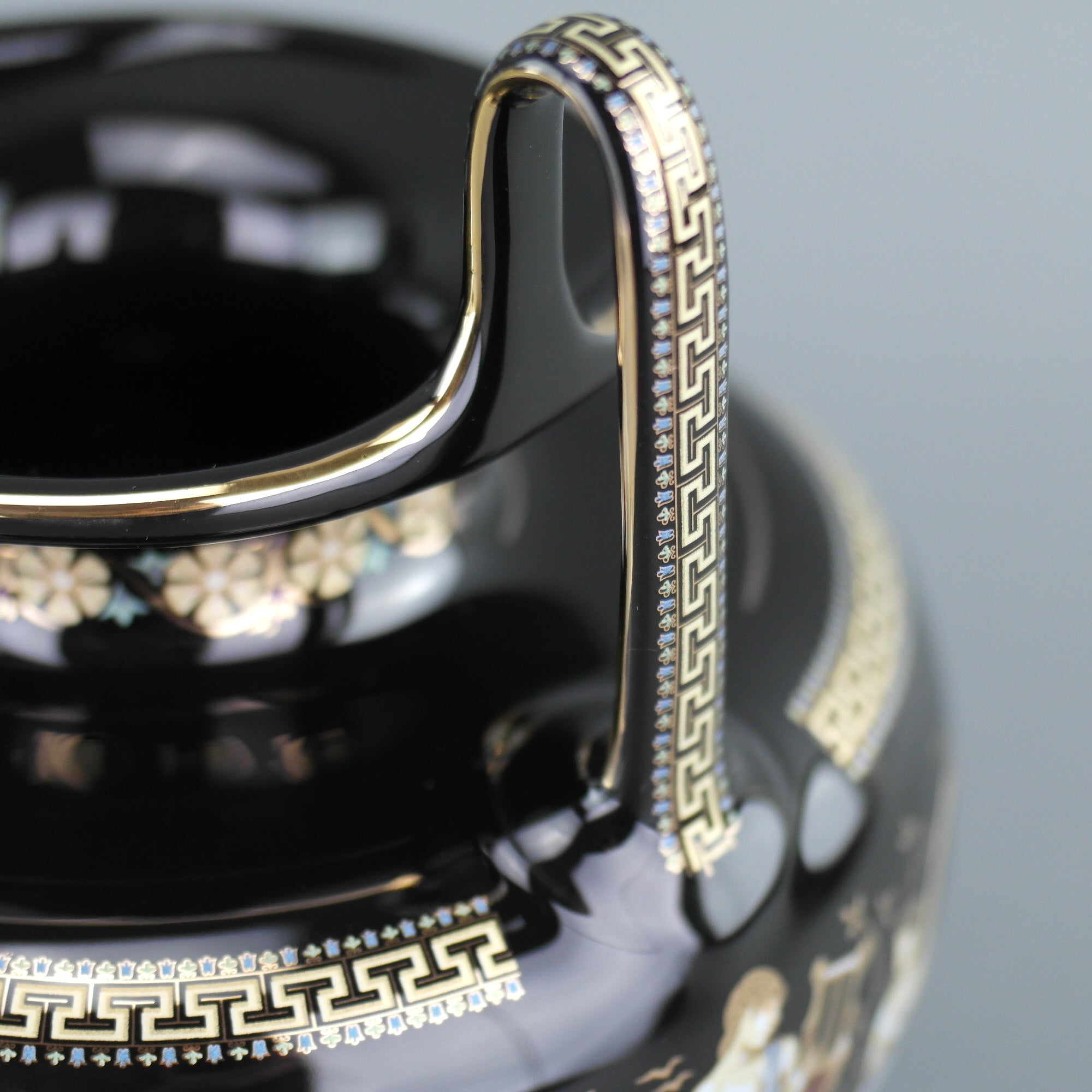 Vintage handmade 24ct Gold plate pottery vase urn Greek Black colour made by Fakiolas, Greece