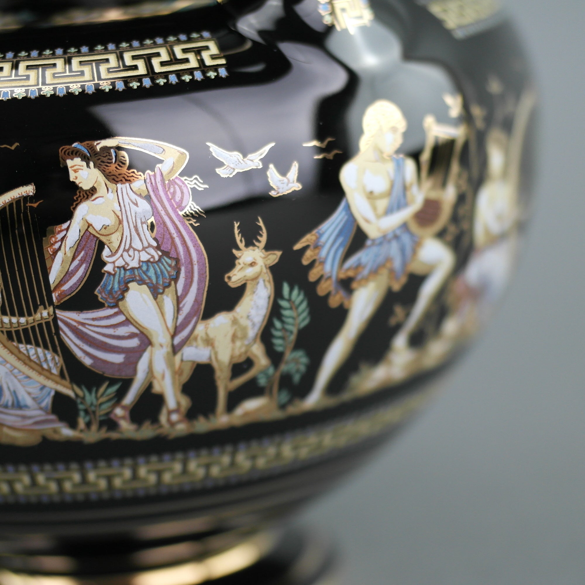 Vintage handmade 24ct Gold plate pottery vase urn Greek Black colour made by Fakiolas, Greece