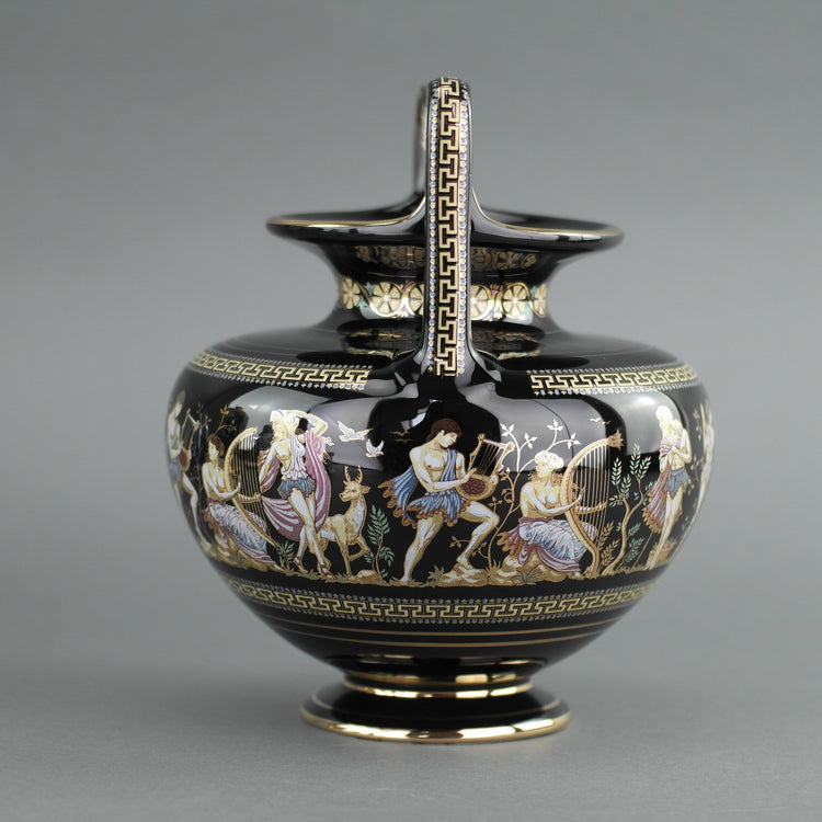 Vintage handmade 24ct Gold plate pottery vase urn Greek Black colour made by Fakiolas, Greece