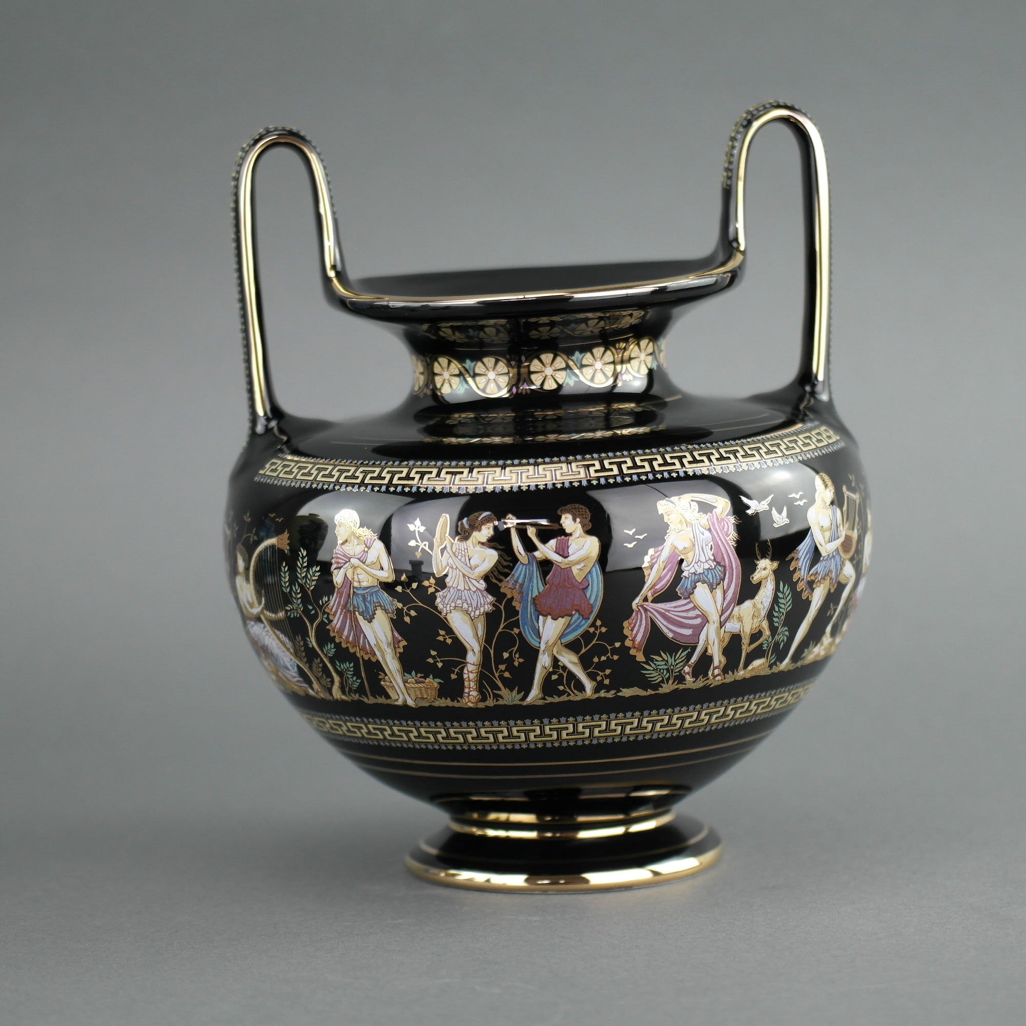 Vintage handgemachte 24ct Goldplatte Keramik Vase Urne griechische schwarze Farbe hergestellt von Fakiolas, Griechenland